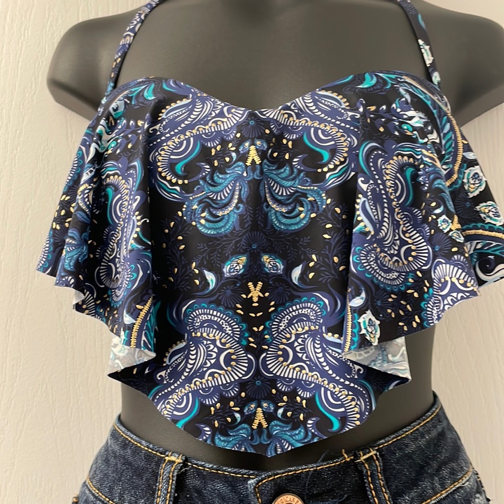 La Vie en Rose Bikini top blues with frill removable top strap gold accent Sz XS